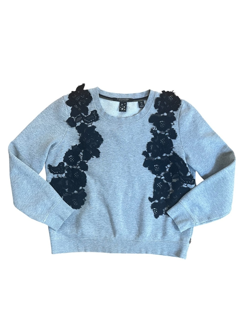 Scotch & Soda Light Heather Grey Crewneck Navy Floral Lace Boxy Cozy Sweatshirt